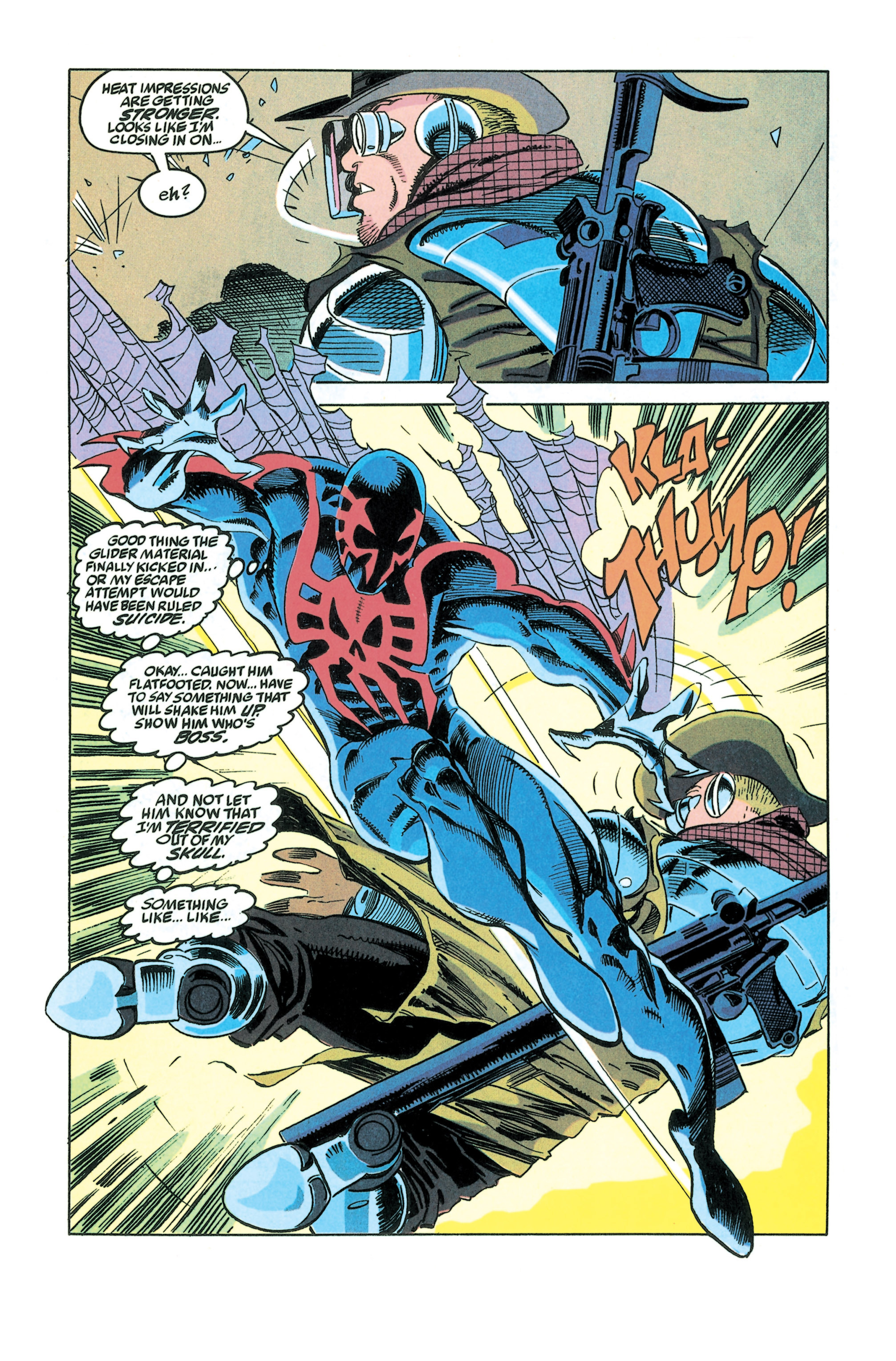 Spider-Man 2099 hits a bad guy from above thinking I need say something that will shake him up. Show him who is boss.